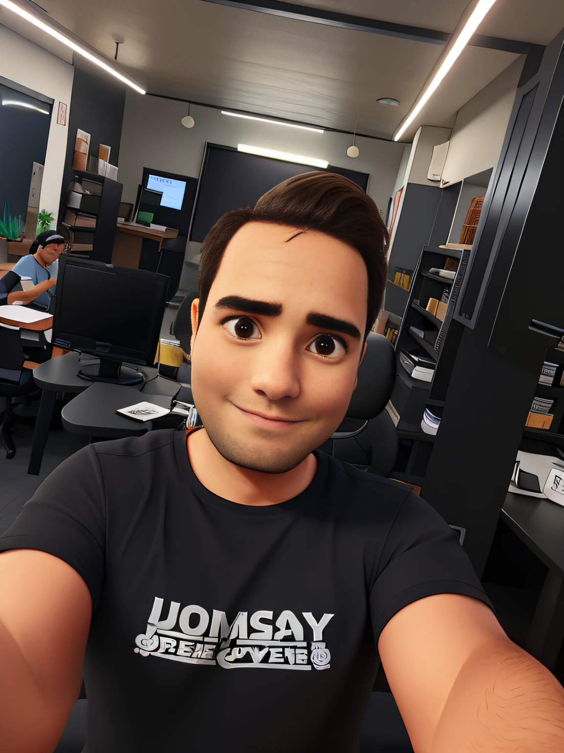um programador com a camisa +COFFEE-JOB e ao fundo uma sala de servidor