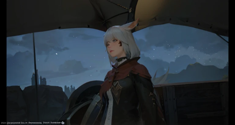 A woman with cat ears is standing in front of the tent., final fantasy 14 style, final fantasy 1 4 screenshot, final fantasy xiv, final fantasy 1 4, final fantasy 14 sharp, tranding on pxiv, Wearing a cloak in a blown up plain, FFXIV, Female Character, character close-up, ffxiv heavensward, roguish smirk