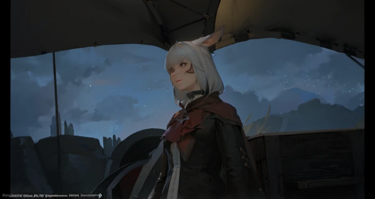 A woman with cat ears is standing in front of the tent., final fantasy 14 style, final fantasy 1 4 screenshot, final fantasy xiv, final fantasy 1 4, final fantasy 14 sharp, tranding on pxiv, Wearing a cloak in a blown up plain, FFXIV, Female Character, character close-up, ffxiv heavensward, roguish smirk