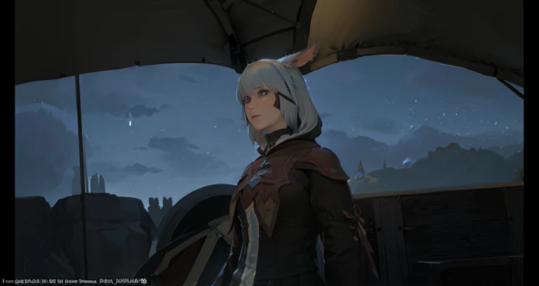 A woman with cat ears is standing in front of the tent., final fantasy 14 style, final fantasy 1 4 screenshot, final fantasy xiv, final fantasy 1 4, final fantasy 14 sharp, tranding on pxiv, Wearing a cloak in a blown up plain, FFXIV, Female Character, character close-up, ffxiv heavensward, roguish smirk