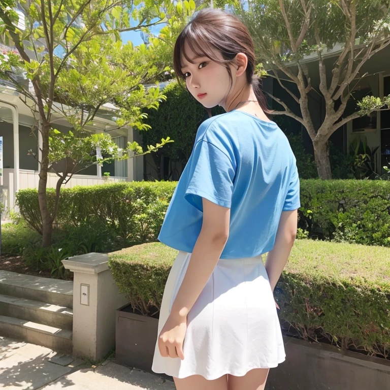 20yr old、femele、posterior view、The line of sight is in the back、blue-sky、White shirt、skirt by the、Shorthair