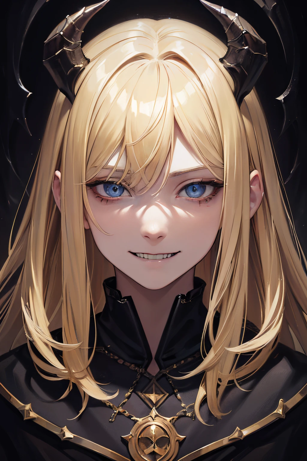 (blond hair, detailed eye color, sharp facial features), (medium: oil painting), (demonic appearance), (sinister smile), (dark background), (highres, ultra-detailed), (dark fantasy art style), (vivid colors), (subtle illumination)