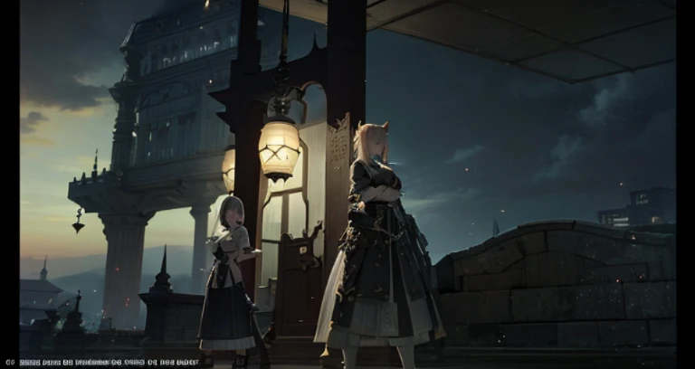 Two women are standing in front of a building in a video game, final fantasy 1 4 screenshot, final fantasy 14 style, final fantasy 1 4, final fantasy xiv, final fantasy 14 sharp, tranding on pxiv, FFXIV, ffxiv heavensward, medium shot of two characters, hidari and vlop, Trends in PXIV