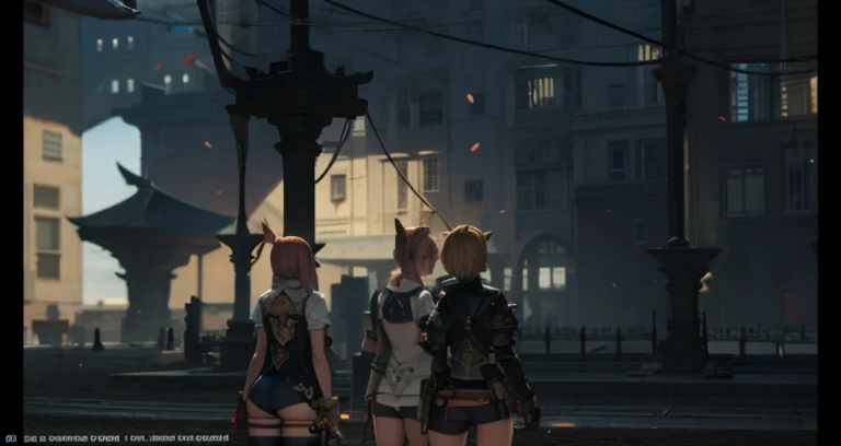 Two women are standing in front of a building in a video game, final fantasy 1 4 screenshot, final fantasy 14 style, final fantasy 1 4, final fantasy xiv, final fantasy 14 sharp, tranding on pxiv, FFXIV, ffxiv heavensward, medium shot of two characters, hidari and vlop, Trends in PXIV
