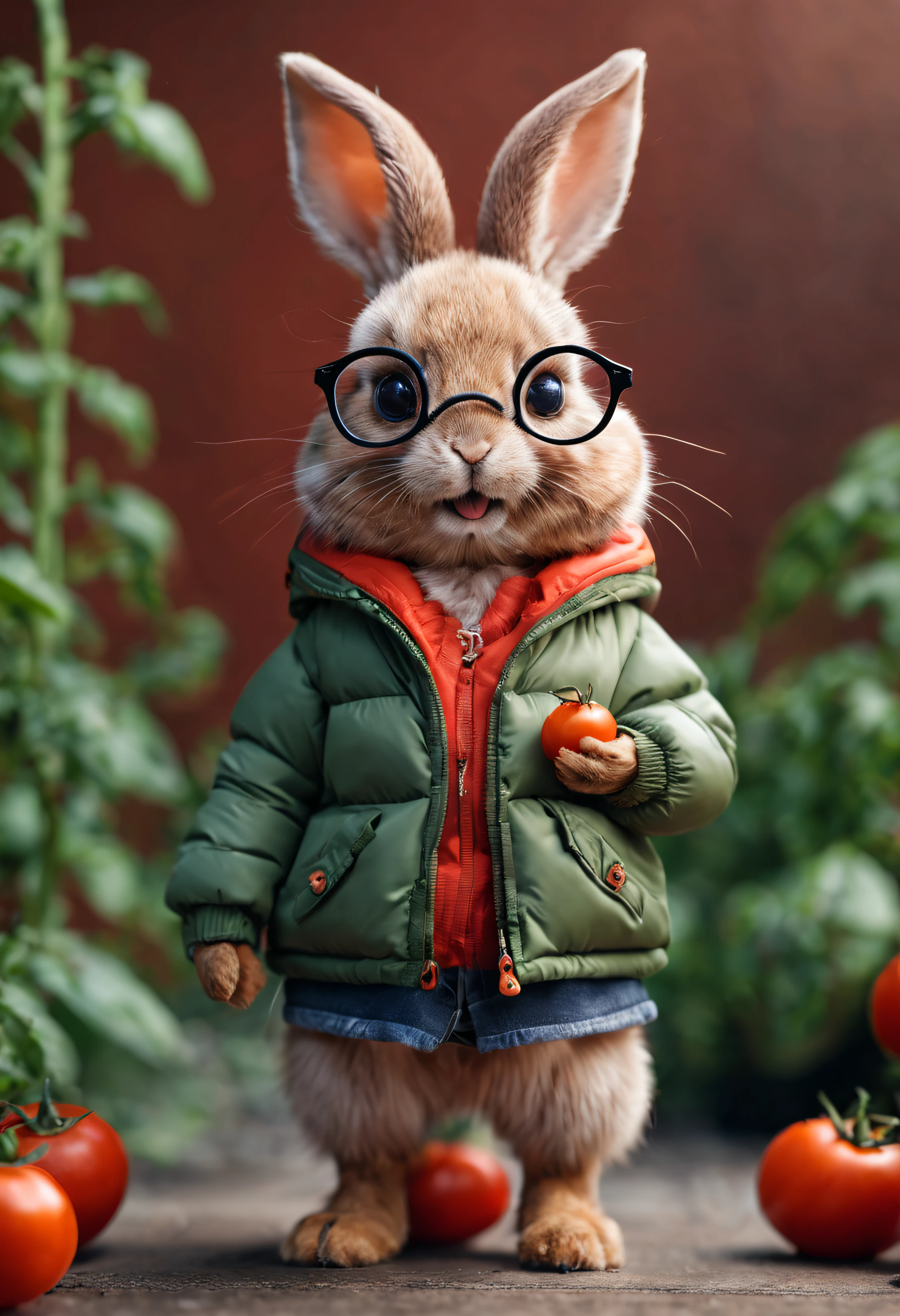 Perfect centering, cute little bunny, Wear down jacket, wears glasses, hand hold a tomato, cheerful, stand posture, abstract beauty, at centre, facing at the camera, nearing perfection, dynamic, The is very detailed, smooth private parts, Focus sharp, 8K
