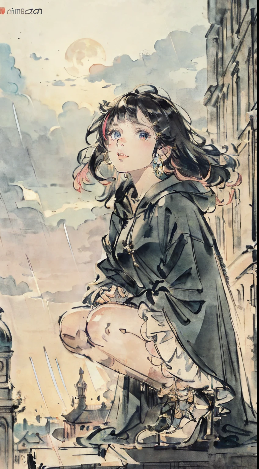 ((((frills,large black hoodie,rainstorm,))))((hands in pockets,squatting,))(Masterpiece illustration,Beautiful and aesthetic:1.2,head up,aim to sky), Best quality,Top quality, Epic quality,((((park,in the romanesque architecture streets ,in the baroque architecture ,outdoor,cloudy,))))(moonlight,moon glare, god light, shot,focus on face,))Neat face,underage,mature,Beautiful detailed hair,pink hair,hyper HD, retinas, Textured skin, A high resolution, 16k ,((hairclip,blunt bangs,sidelocks,middle hair,natural curly hair)),Detailed face, 1JK, lady,Solo, Perfect face, Very amazing girl,((covered by thin translucent cloth,skindentation,high waist skirt,black streaked blue coat,large cloak,metal earrings,spiral earrings)),rim-light