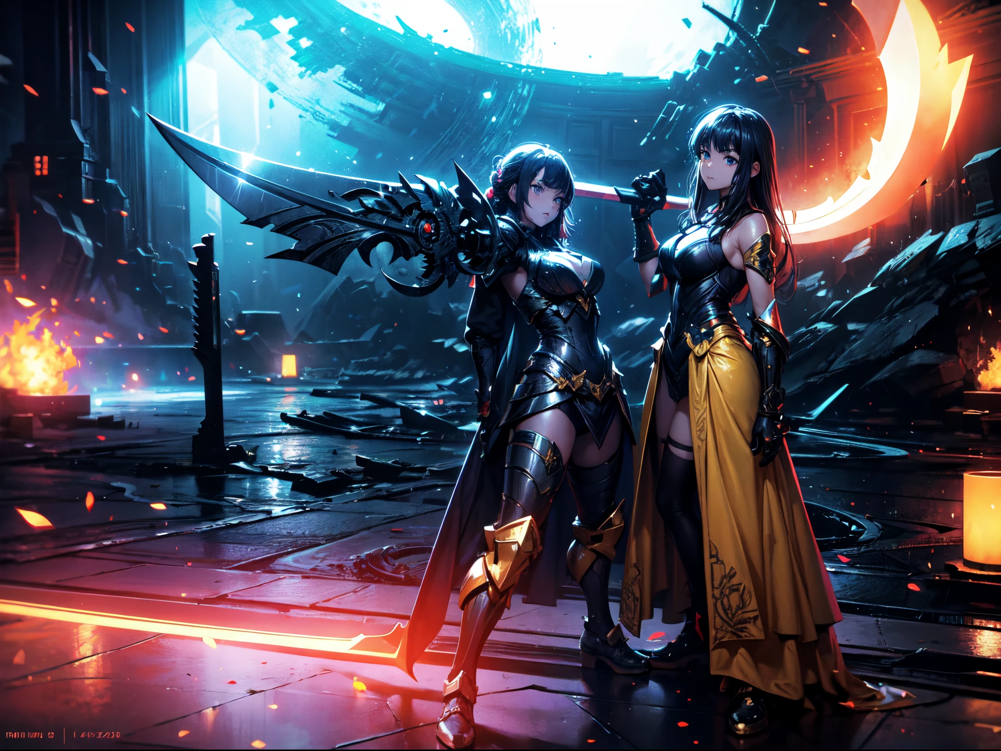 Anime art, couple in fight pose, (man with a yellow armor and a ultimate weapon), (a girl with a white dress and a white scythe), (planet earth in background), depth of field, cinematic lighting, motion blur, chromatic aberration, sparkle, jpeg artifacts, blurry, glowing light, god rays, ray tracing, reflection light, backlighting, blending, bloom, chromatic aberration abuse, dithering, drop shadow, film grain, Fujicolor, halftone, image fill, motion lines, multiple monochrome, optical illusion, anaglyph, stereogram, scanlines, silhouette, speed lines, vignetting, UHD, (masterpiece:1.5), ccurate, anatomically correct, super detail, high details, high quality, highres, 8k