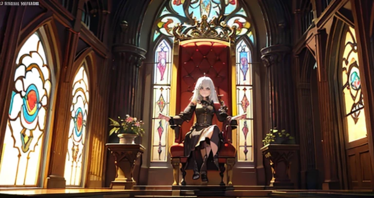 There is a woman sitting on a chair in front of a stained glass wall., tranding on pxiv, final fantasy 14 style, relaxed dwarf with white hair, 2b, 2 b, Sit on an obsidian throne, in throneroom, final fantasy 1 4 screenshot, FFXIV, Sitting on a golden throne, thancred waters in style of wlop