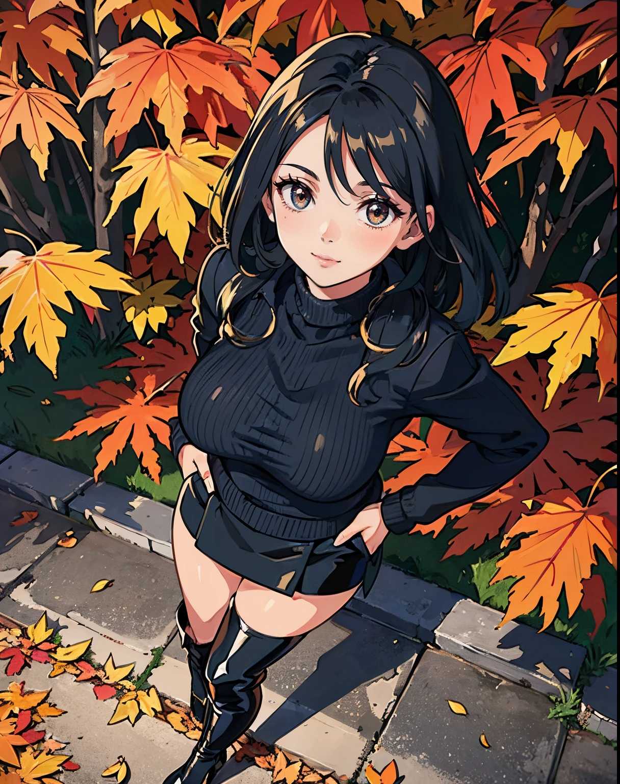 from above, hands in pocket, shiny enamel black tight high boots with stiletto heels, black lather jacket, black knit sweater, leather mini skirt:1.2, Best Quality:1.5, 8K, masutepiece:1.3, Crisp focus:1.2, Big breasts:1.4, Beautiful woman with perfect figure:1.4, oily skin:1.5 Highly detailed face and skin texture, Perfect face balance, Smile, beautiful studio soft light, Rim Light, vibrant detail, Hyper realistic, Octane Render, Photo realistic, in a beautiful park in autumn, leaves changing color