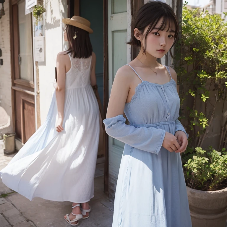 20yr old、femele、posterior view、The line of sight is in the back、blue-sky、White Dress、Shorthair、Angle where you can't see your face