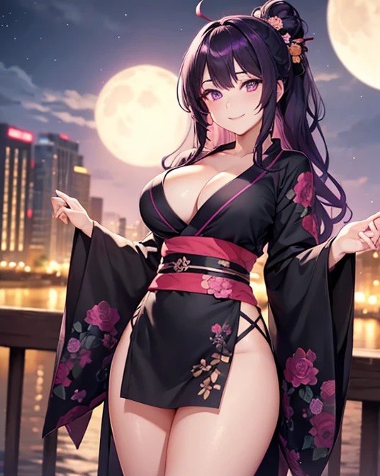 1 girl, game CG, black floral short kimono, thighs visible, gigantic breasts, visible cleavage, dark purple hair, long hair, hair up, princess hairstyle, ahoge, purple bright eyes, smile, standing on a bridge, night, bright moon, ultra detailed eyes, ultra detailed face, ultra resolution, highly detailed, ultra hd, 4k, 8k