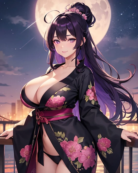 1 girl, game CG, black floral short kimono, thighs visible, gigantic breasts, visible cleavage, dark purple hair, long hair, hair up, princess hairstyle, ahoge, purple bright eyes, smile, standing on a bridge, night, bright moon, ultra detailed eyes, ultra detailed face, ultra resolution, highly detailed, ultra hd, 4k, 8k