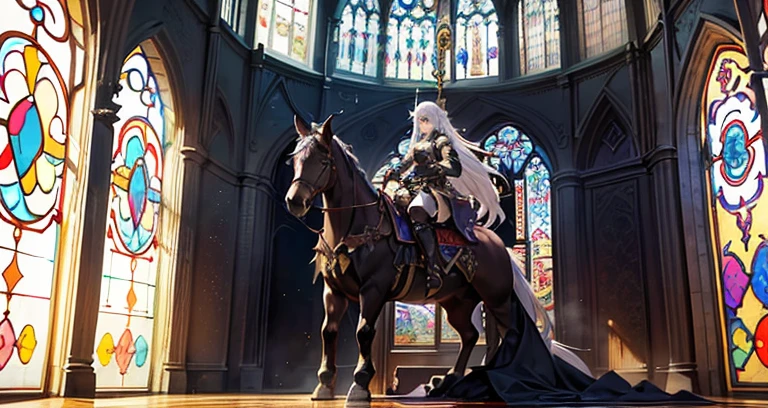 There is a woman sitting on a horse in front of a stained glass wall., tranding on pxiv, Sit on an obsidian throne, final fantasy 14 style, in throneroom, 2 b, relaxed dwarf with white hair, 2b, Sitting on a golden throne, thancred waters in style of wlop, final fantasy 1 4 screenshot