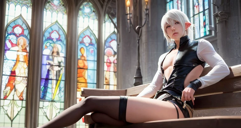 Anime character sitting on a bench in front of a stained glass wall, 2 b, 2b, tranding on pxiv, final fantasy 14 style, thancred waters in style of wlop, final fantasy 1 4 screenshot, v from devil may cry as an elf, beautiful screenshot, roguish smirk, Trends in PXIV