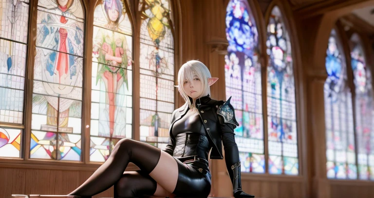 Anime character sitting on a bench in front of a stained glass wall, 2 b, 2b, tranding on pxiv, final fantasy 14 style, thancred waters in style of wlop, final fantasy 1 4 screenshot, v from devil may cry as an elf, beautiful screenshot, roguish smirk, Trends in PXIV