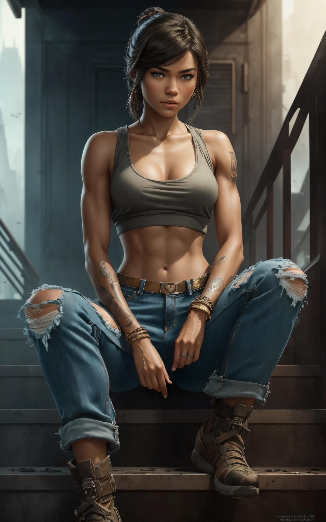 Korra with the face of zendaya ,sitting on some stairs, ripped jeans, tank top, upshirt, ((pulls up her shirt)) , slightly muscular, Beautiful realistic waifu style girl, hyperdetailed painting, luminism, art by Carne Griffiths and Wadim Kashin concept art,  post-apocalyptic background, abstract beauty, approaching perfection, pure form, golden ratio, minimalistic, dark atmosphere, unfinished, concept art, intricate details, 8k post production, high resolution, hyperdetailed, trending on artstation, sharp focus, studio photo, intricate details, highly detailed, by artgerm.