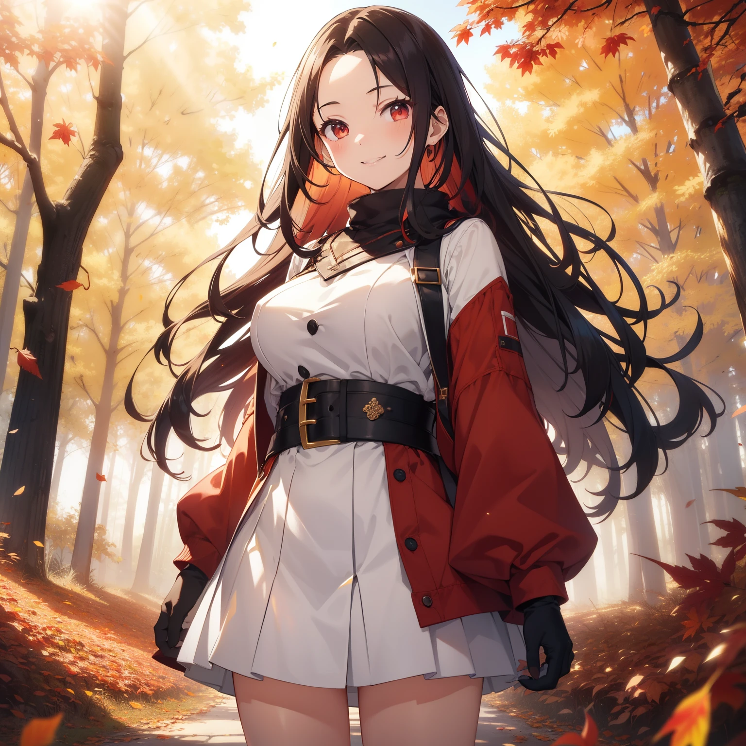 (masutepiece,Best Quality,8K),(extremely detailed CG1.1),teens girl,Smile,large boob,(From below:1.2),Intricate details , Hyper realistic, Perfect Anatomy,A dark-haired,Red Eyes,(((Forehead))),Permed hair with wavy hair,(((length hair))),Hair over one eye,hair slicked back,(((Standing))),Full body,White knitwear,skirt by the,blush,Happy smile,Forest with deepening autumn leaves,Colored leaves,Lens Flare,Wind,Magnificent view,(chromatic abberation:1.3),Dynamic Angle,Cowboy Shot,Looking at Viewer