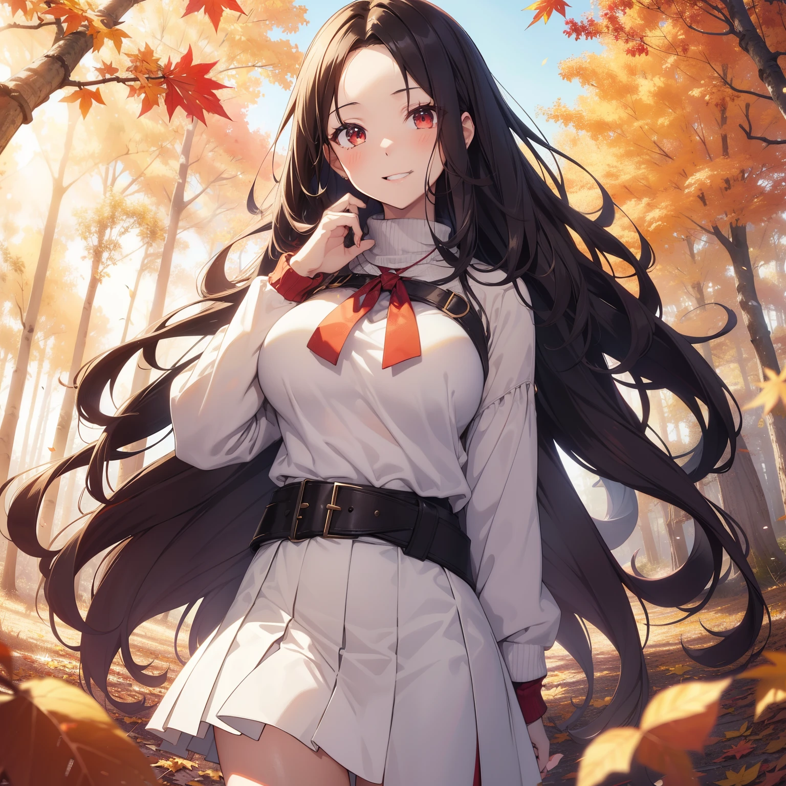 (masutepiece,Best Quality,8K),(extremely detailed CG1.1),teens girl,Smile,large boob,(From below:1.2),Intricate details , Hyper realistic, Perfect Anatomy,A dark-haired,Red Eyes,(((Forehead))),Permed hair with wavy hair,(((length hair))),Hair over one eye,hair slicked back,(((Standing))),Full body,White knitwear,skirt by the,blush,Happy smile,Forest with deepening autumn leaves,Colored leaves,Lens Flare,Wind,Magnificent view,(chromatic abberation:1.3),Dynamic Angle,Cowboy Shot,Looking at Viewer