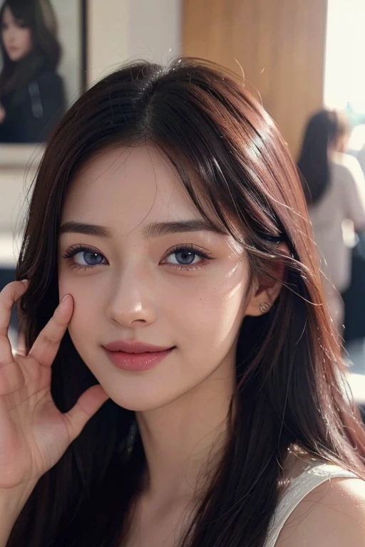 Hair is pink、Eyes are blue、二重まぶた、mascara、(Best Quality,4K,hight resolution,masutepiece:1.2),Ultra-detailed,Realistic,Beautiful woman,Detailed eyes,Detailed lips,extra detailed face,long eyelashes,Luxury shopping malls,Latest Fashion Items,Happy smile,Vivid colors,