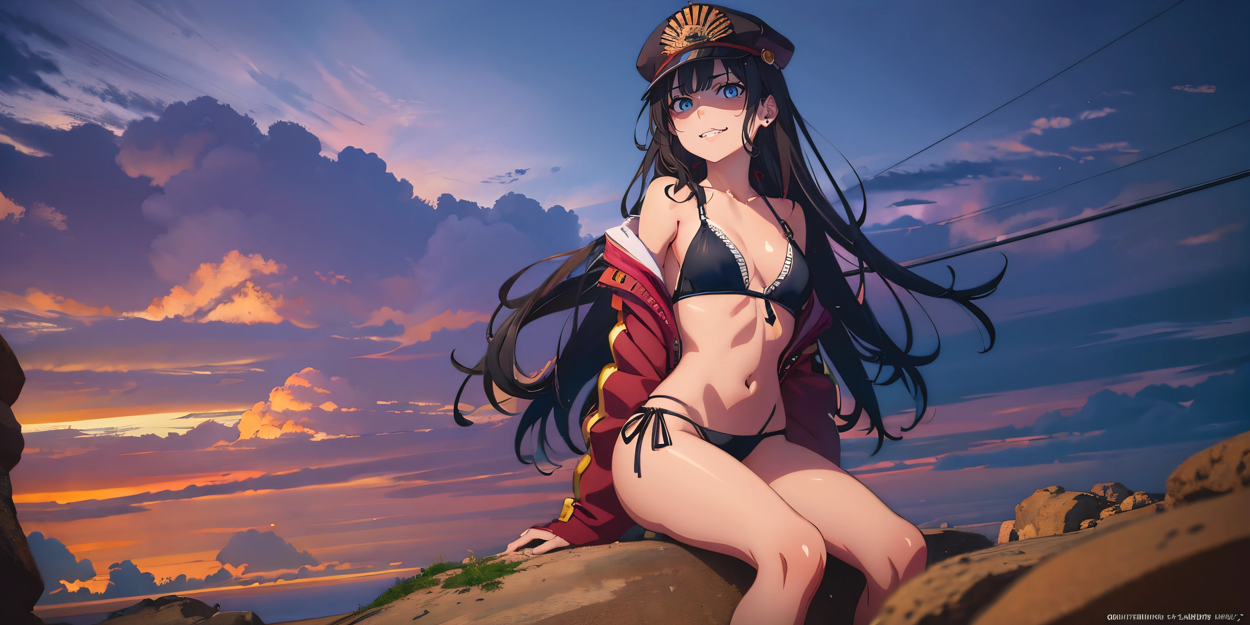 (shaded face:1.2), hollow eyes, blue eyes, looking at viewer, heavy breathing, smirk, uppert teeth, long hair, black hair, blue eyes, sky, hat, black_hair, long_hair, swimsuit, bikini, 1girl, breasts, cloud, navel, black_bikini, sunset, peaked_cap, outdoors, very_long_hair, bare_shoulders, wet, oda_nobunaga_(fate), sitting, solo, cleavage, ocean, looking_at_viewer, beach, bangs, red_eyes, cloudy_sky, large_breasts, "glow effects, godrays, Hand drawn, render, 8k, octane render, cinema 4d, blender, dark, atmospheric 4k ultra detailed, cinematic, Sharp focus, big depth of field, Masterpiece, colors, 3d octane render, 4k, concept art, trending on artstation, hyperrealistic, Vivid colors, extremely detailed CG unity 8k wallpaper, trending on CGSociety, Intricate, High Detail, dramatic", sweating, steaming body, fog, (anime coloring, anime screencap:1.5)