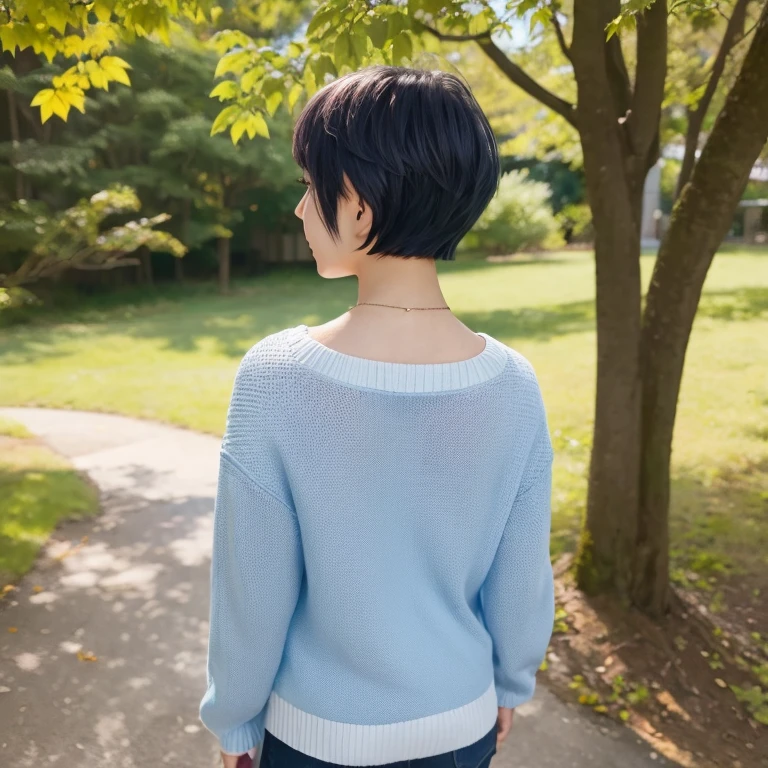 1 persons、20yr old、femele、Rear view、blue-sky、White sweater、Shorthair、Colored leaves