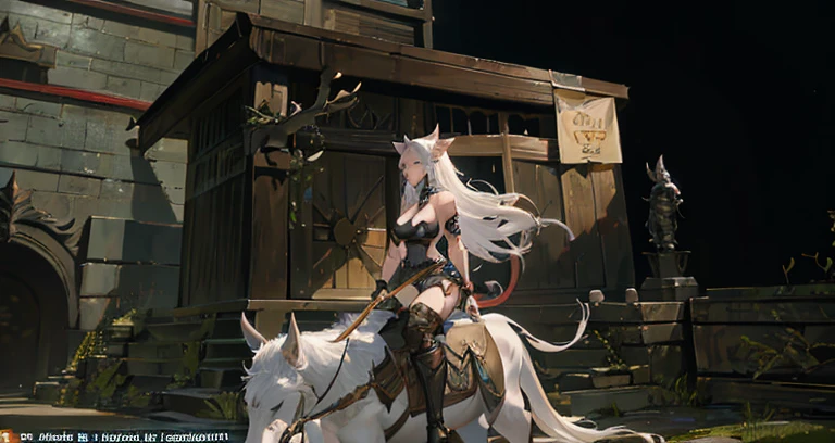 There is a woman riding a horse with a cat on it., tranding on pxiv, final fantasy 14 style, final fantasy 1 4 screenshot, Ride the giant Silver Wolf, Ride a cyborg raptor, final fantasy xiv, Ride to the town of destiny, final fantasy 1 4, final fantasy 14 sharp, Trends in PXIV, wearing shiny breastplate