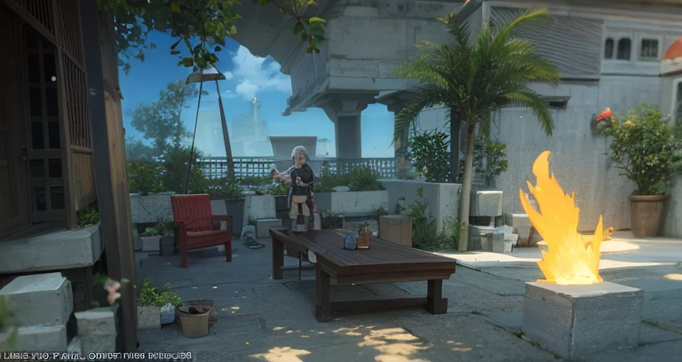 Two people are standing in a courtyard with a fire, tranding on pxiv, final fantasy 14 style, final fantasy 1 4 screenshot, lalafell, final fantasy xiv, Trends in PXIV, thancred waters in style of wlop, FFXIV, final fantasy 14 sharp, final fantasy 1 4, ffxiv heavensward