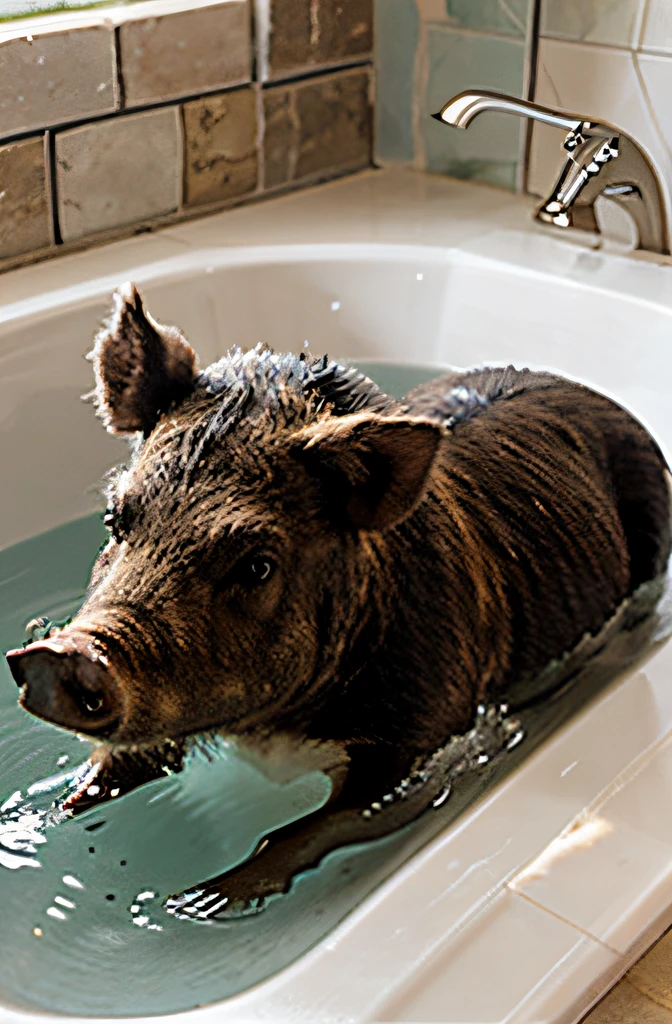 boar swims in the bath