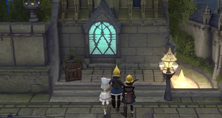 Two people and a dog in a courtyard with a castle in the background, lalafell, final fantasy 14 style, tranding on pxiv, final fantasy 1 4 screenshot, final fantasy xiv, FFXIV, final fantasy 1 4, final fantasy 14 sharp, Trends in PXIV, Give flasks to other gnomes