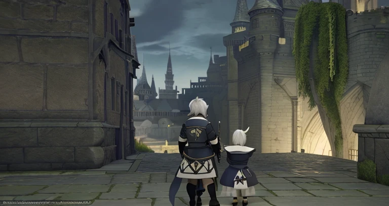 Two people and a dog in a courtyard with a castle in the background, lalafell, final fantasy 14 style, tranding on pxiv, final fantasy 1 4 screenshot, final fantasy xiv, FFXIV, final fantasy 1 4, final fantasy 14 sharp, Trends in PXIV, Give flasks to other gnomes