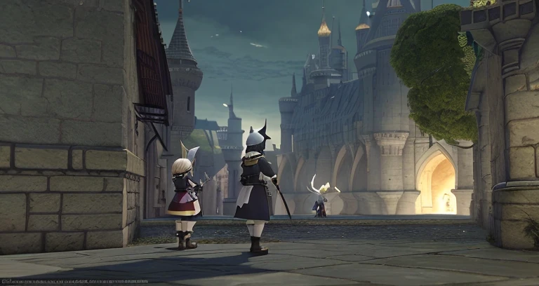 Two people and a dog in a courtyard with a castle in the background, lalafell, final fantasy 14 style, tranding on pxiv, final fantasy 1 4 screenshot, final fantasy xiv, FFXIV, final fantasy 1 4, final fantasy 14 sharp, Trends in PXIV, Give flasks to other gnomes