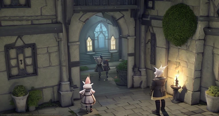 Two people and a dog in a courtyard with a castle in the background, lalafell, final fantasy 14 style, tranding on pxiv, final fantasy 1 4 screenshot, final fantasy xiv, FFXIV, final fantasy 1 4, final fantasy 14 sharp, Trends in PXIV, Give flasks to other gnomes