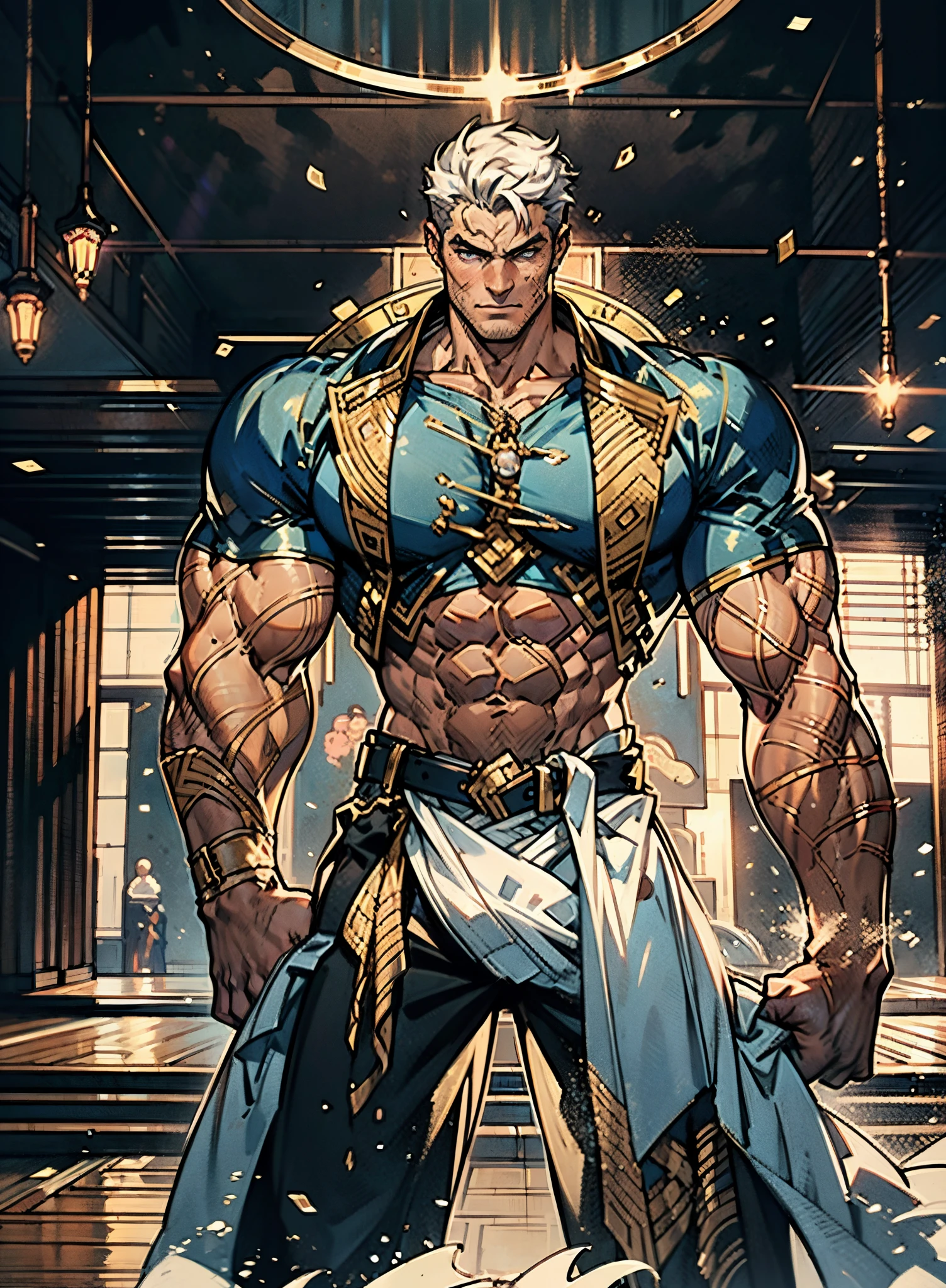 A young man, dense black-gold long hair, standing tall with upright hair, a majestic countenance, confident gaze, a scar under the eyes, a hearty smile, a fantasy-realistic tattered half-length martial arts outfit, short-sleeved, open-front robe revealing muscular physique, a coarse cloth belt around his waist, coarse trousers, towering and robust figure, he stands proudly, a glowing dark purple energy aura, the background depicts a black-and-white sky forming a yin-yang symbol, this character embodies a finely crafted fantasy-realistic martial artist in anime style, characterized by an exquisite and mature manga illustration art style, high definition, best quality, highres, ultra-detailed, ultra-fine painting, extremely delicate, professional, anatomically correct, symmetrical face, extremely detailed eyes and face, high quality eyes, creativity, RAW photo, UHD, 8k, Natural light, cinematic lighting, masterpiece-anatomy-perfect, masterpiece:1.5