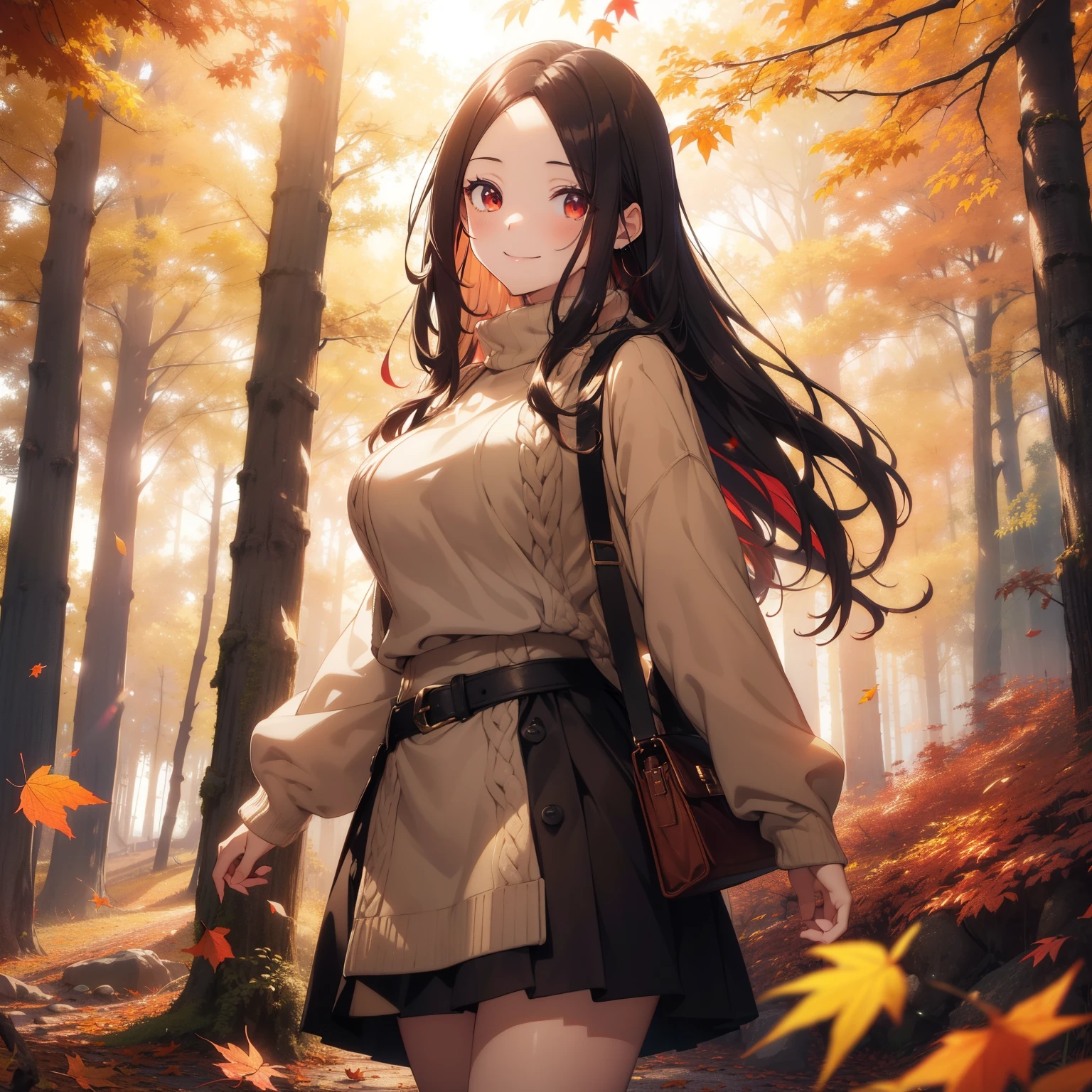 (masutepiece,Best Quality,8K),(extremely detailed CG1.1),teens girl,Smile,large boob,(From below:1.2),Intricate details , Hyper realistic, Perfect Anatomy,A dark-haired,Red Eyes,(((Forehead))),Permed hair with wavy hair,(((length hair))),Hair over one eye,hair slicked back,(((Standing))),Full body,Beige knitwear,skirt by the,blush,Happy smile,Forest with deepening autumn leaves,Colored leaves,Lens Flare,Wind,Magnificent view,(chromatic abberation:1.3),Dynamic Angle,Cowboy Shot,Looking at Viewer