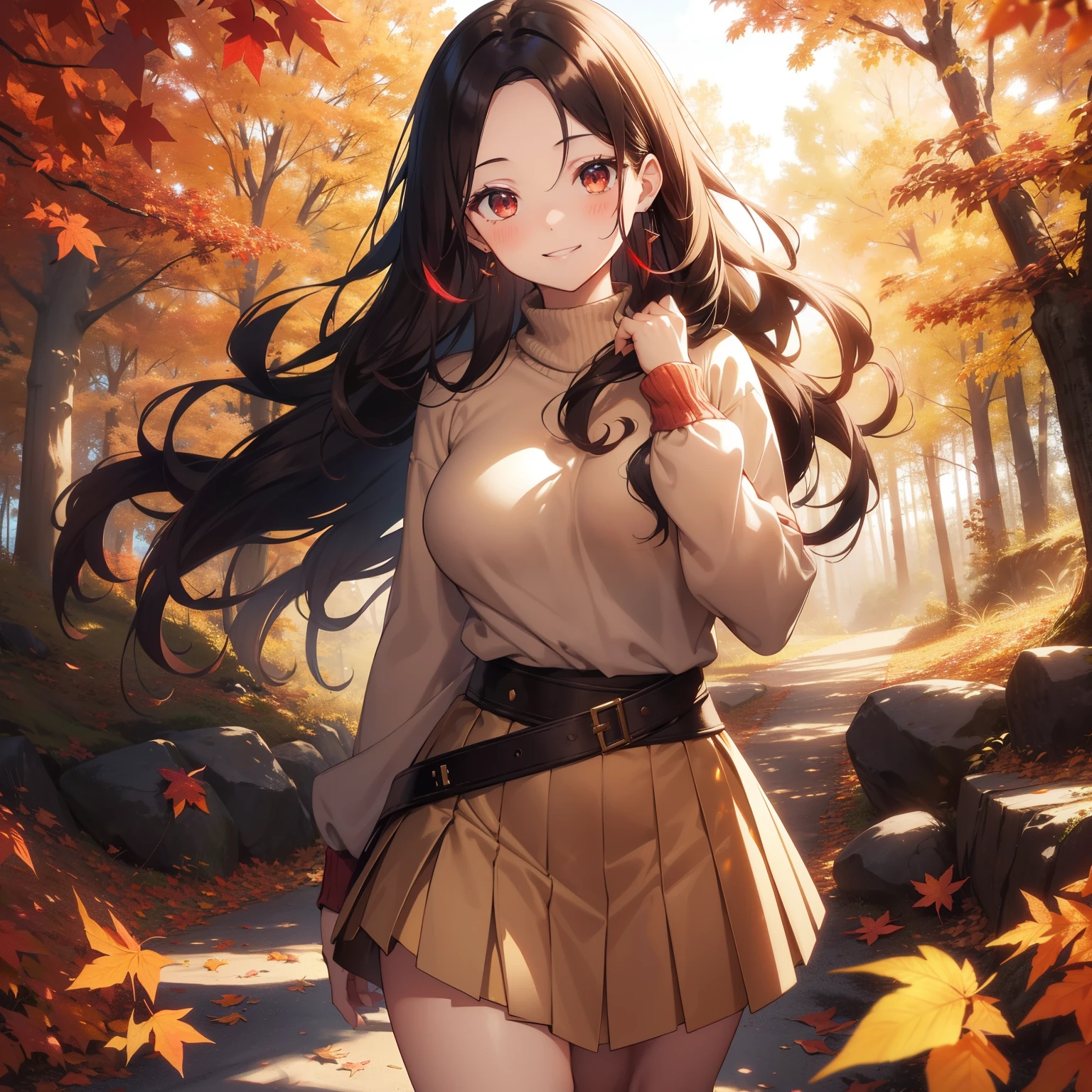 (masutepiece,Best Quality,8K),(extremely detailed CG1.1),teens girl,Smile,large boob,(From below:1.2),Intricate details , Hyper realistic, Perfect Anatomy,A dark-haired,Red Eyes,(((Forehead))),Permed hair with wavy hair,(((length hair))),Hair over one eye,hair slicked back,(((Standing))),Full body,Beige knitwear,skirt by the,blush,Happy smile,Forest with deepening autumn leaves,Colored leaves,Lens Flare,Wind,Magnificent view,(chromatic abberation:1.3),Dynamic Angle,Cowboy Shot,Looking at Viewer
