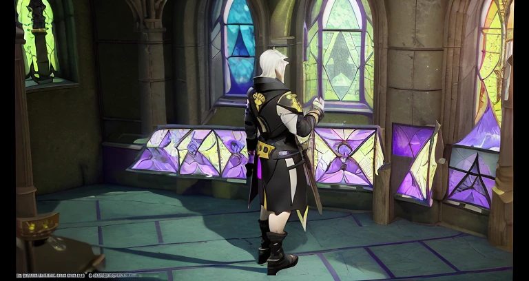 A man is standing in a room with stained glass, final fantasy 14 style, thancred waters in style of wlop, final fantasy 1 4 screenshot, tranding on pxiv, dressed like a cleric, FFXIV, ffxiv heavensward, final fantasy xiv, Peacock mage themed clothing, final fantasy 14 sharp, jrpg fashion