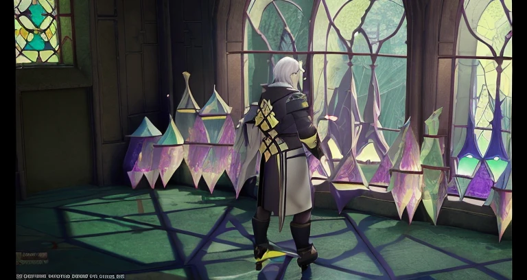 A man is standing in a room with stained glass, final fantasy 14 style, thancred waters in style of wlop, final fantasy 1 4 screenshot, tranding on pxiv, dressed like a cleric, FFXIV, ffxiv heavensward, final fantasy xiv, Peacock mage themed clothing, final fantasy 14 sharp, jrpg fashion