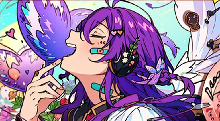 long hair, mole under mouth, purple hair, single braid, hair between eyes, aqua eyes, sharp teeth, ahoge, smile, cowboy shot, Ai Kotoba, 1girl, solo, open mouth, hair ornament, closed eyes, flower, heart, food, wings, star (symbol), tattoo, profile, fruit, rose, headphones, ring, bandaid, fork, heart hair ornament, bandaid on face, balloon, bandaid on cheek, heart balloon