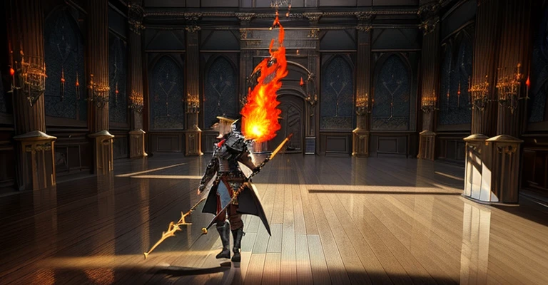 There is a man walking through a room with a fire in the background, tranding on pxiv, final fantasy 1 4 screenshot, flame conjuring armored, <mmorpgs scene, final fantasy 14 style, FFXIV, final fantasy xiv, wielding a flaming sword, Wielding a fireball, Jump Jumping Hero Attack, final fantasy 14 sharp, ffxiv heavensward