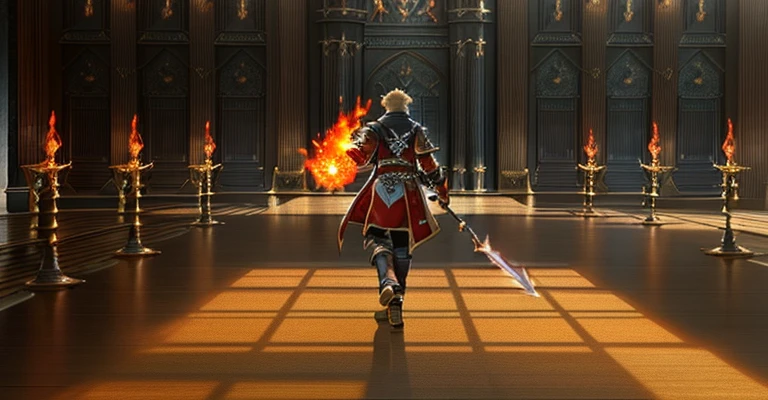 There is a man walking through a room with a fire in the background, tranding on pxiv, final fantasy 1 4 screenshot, flame conjuring armored, <mmorpgs scene, final fantasy 14 style, FFXIV, final fantasy xiv, wielding a flaming sword, Wielding a fireball, Jump Jumping Hero Attack, final fantasy 14 sharp, ffxiv heavensward