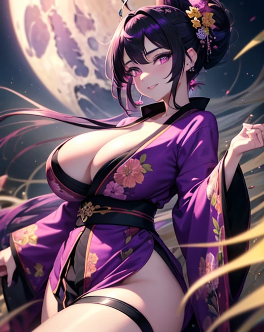 1 girl, game CG, black floral short kimono, thighs visible, gigantic breasts, visible cleavage, dark purple hair, long hair, hair up, princess hairstyle, ahoge, purple bright eyes, smile, night, bright moon, ultra detailed eyes, ultra detailed face, ultra resolution, highly detailed, ultra hd, 4k, 8k