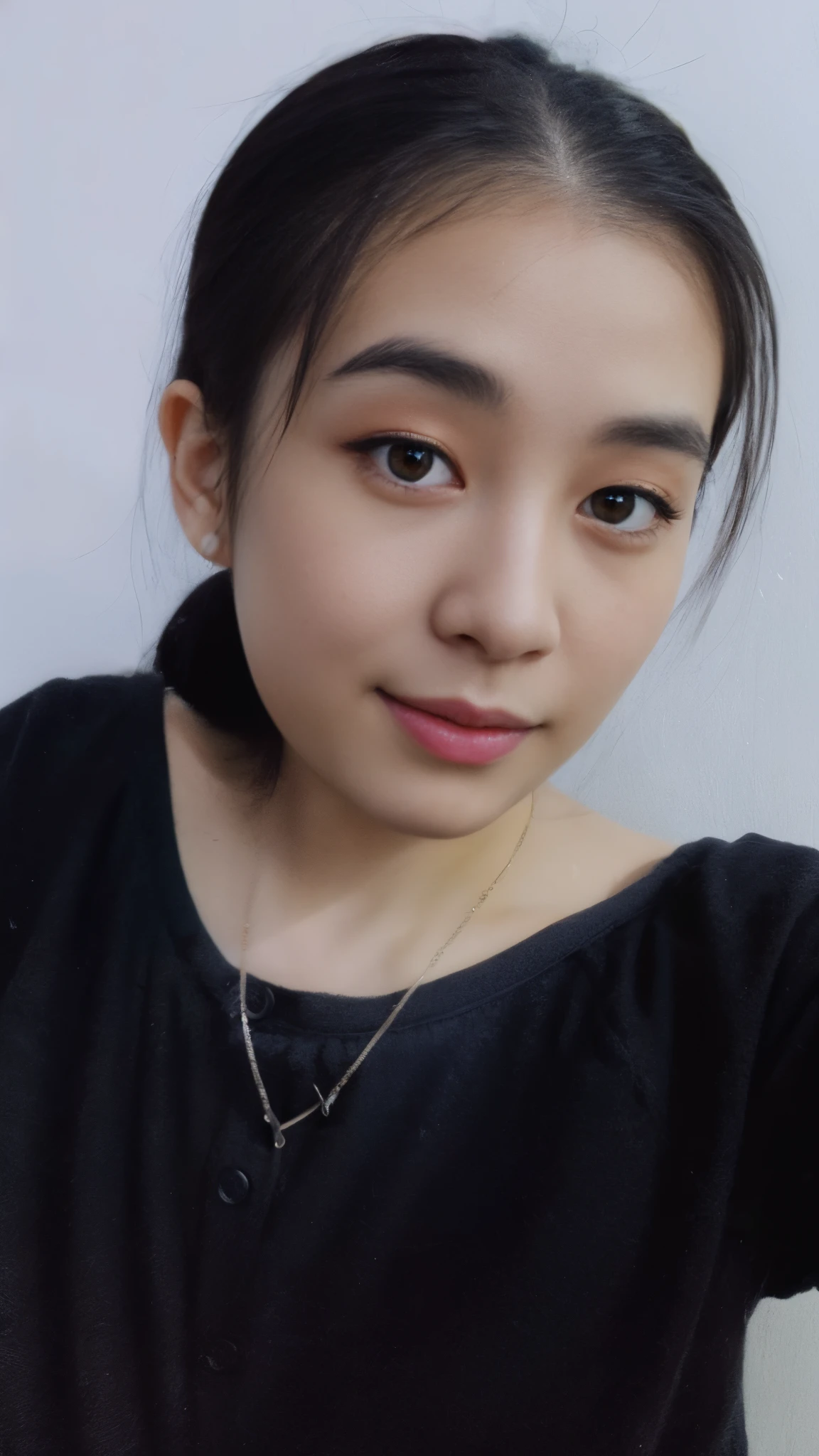 professional portrait photograph of a slim girl with clear skin, straight wavy hair, green/gray eyes, a friendly face, a mole on the left side between the mouth and chin, and a small mole on the lower left side of the eyes, a feminine nose, with traces of Colombian, Brazilian, Swedish, Ukrainian, French, and Italian features on the face, pale skin, green eyes, dark hair, e-girl, perfect smile, mouth shut