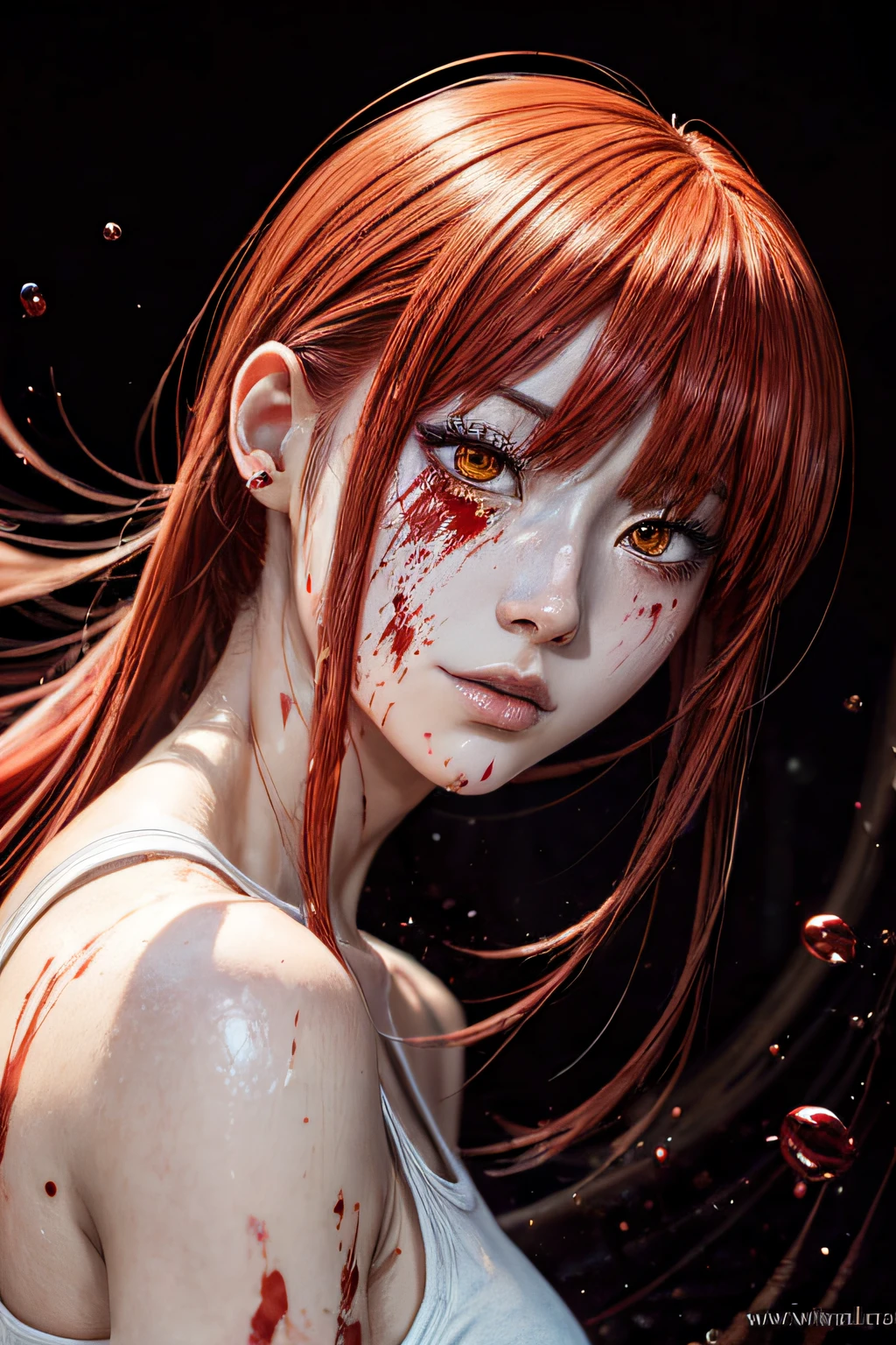 masterpiece, best quality, (extremely detailed CG unity 8k wallpaper, masterpiece, best quality, ultra-detailed, best shadow), (detailed background), (beautiful detailed face, beautiful detailed eyes), High contrast, (best illumination, an extremely delicate and beautiful),1girl,((colourful paint splashes on transparent background, dulux,)), ((caustic)), dynamic angle,beautiful detailed glow,full body, blood splash on face, anime girl with red hair and a white sando, a character portrait by Yang J, pixiv, shin hanga, portrait of an anime girl, female anime character, portrait anime girl, portrait of asuka langley soryu, beautiful anime portrait, detailed portrait of anime girl, anime character, realistic anime artstyle, anime girl portrait, anime character portrait, blood on face, sweat face, sando top,