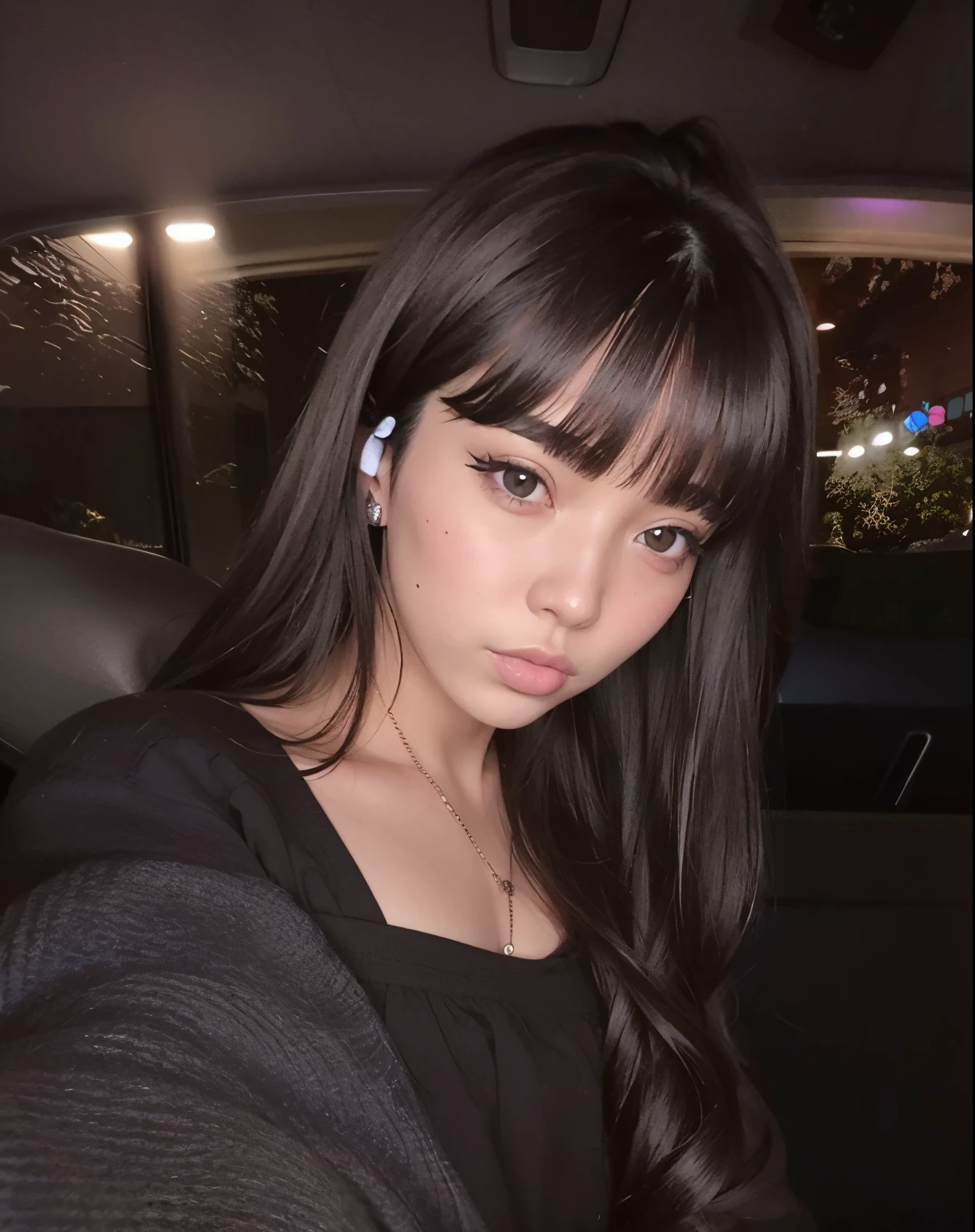 Un primer plano de una mujer con cabello largo y una blusa negra, Ella tiene el pelo negro con flequillo, con flequillo completo, Cabello largo con flequillo completo, Cabello limpio con flequillo, con flequillo, Pelo largo con flequillo, cruel korean goth girl, Cabello largo y oscuro con flequillo, flequillo largo y recto, Flequillo partido en el centro, cabello blackbangs cabello, flequillo recto