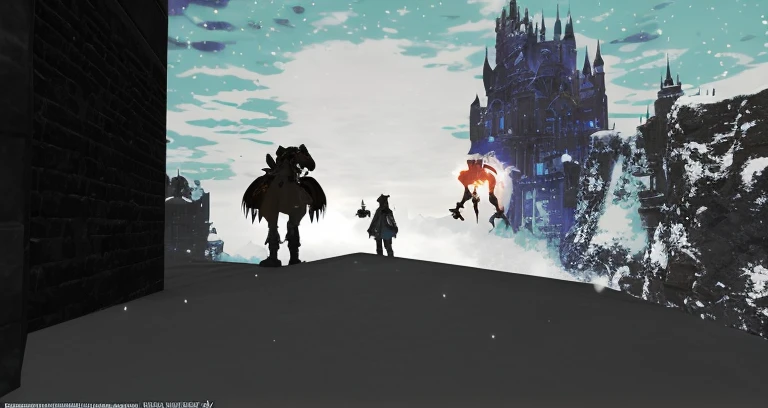 Two people are standing in front of a castle against the sky, final fantasy 14 style, final fantasy 1 4 screenshot, In front of Fantasy City, ffxiv heavensward, Explorer in ruins at sunset, FFXIV, from the black mage cemetery!!!, final fantasy 14 sharp, final fantasy xiv, from bravely default ii