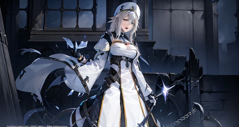 A woman wearing a white coat and blue scarf is singing, dressed like a cleric, final fantasy 14 style, cleric, pretty female cleric, female mage!, final fantasy 14 sharp, final fantasy 1 4 screenshot, Ferred - themed robes and hats, tranding on pxiv, Wearing a mage's robe, dark blue and white robes, final fantasy 1 4