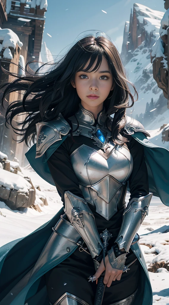 8k,ultra detailed, masterpiece, best quality, (extremely detailed), dynamic angle, Mysterious expression, wind effect, fantasy background, rim lighting, cinematic light, ultra high res, 8k uhd, film grain,best shadow, delicate, RAW, light particles, detailed skin texture, detailed armor texture, detailed face, intricate details, ultra detailed, bright, strong, silver armor, (holding weapon), slashing, slash action, pauldrons, glowing eyes, long cape, fantasy, (realistic), shoulder armor, complex, intricate, perfect lighting, looking at viewer, cinematic lighting, flying in sky,flying, holy light, vivid, bangs, windy, frozen mountains, long black wavy hair, lich queen