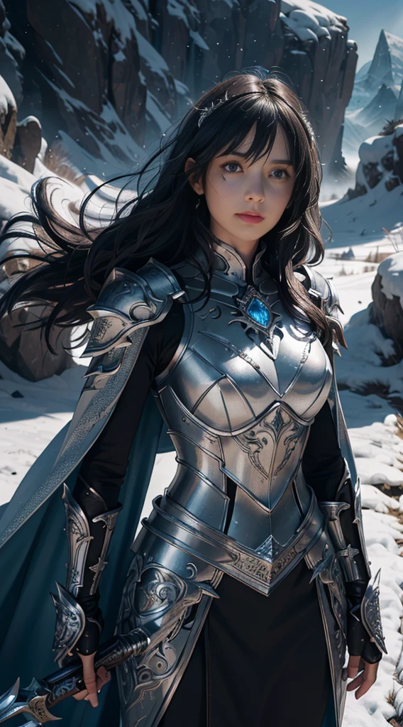 8k,ultra detailed, masterpiece, best quality, (extremely detailed), dynamic angle, Mysterious expression, wind effect, fantasy background, rim lighting, cinematic light, ultra high res, 8k uhd, film grain,best shadow, delicate, RAW, light particles, detailed skin texture, detailed armor texture, detailed face, intricate details, ultra detailed, bright, strong, silver armor, (holding weapon), slashing, slash action, pauldrons, glowing eyes, long cape, fantasy, (realistic), shoulder armor, complex, intricate, perfect lighting, looking at viewer, cinematic lighting, flying in sky,flying, holy light, vivid, bangs, windy, frozen mountains, long black wavy hair, lich queen