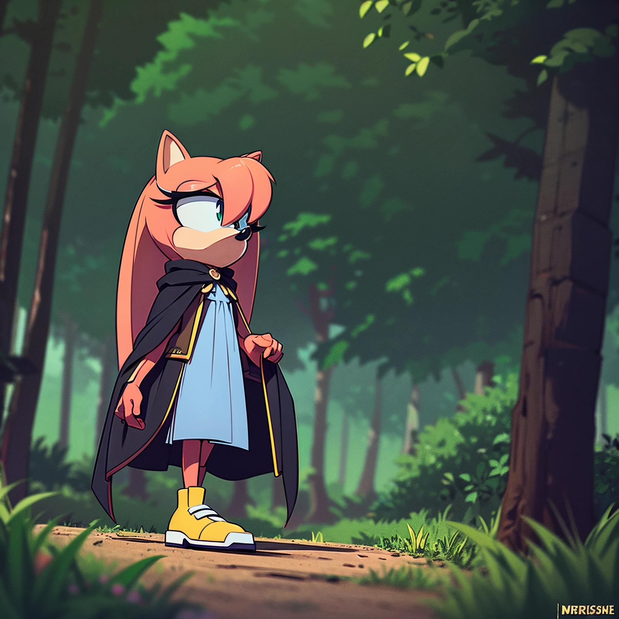 mobian, 1girl, solo, hedgehog, pink fur, amber colored eyes, peach muzzle, long hair/quills, single large hair bang over one eye, tips of quills fade to light red, dressed in a black hooded cloak, walking in a forest, serious look, (insanely detailed, masterpiece, best quality, 4k)