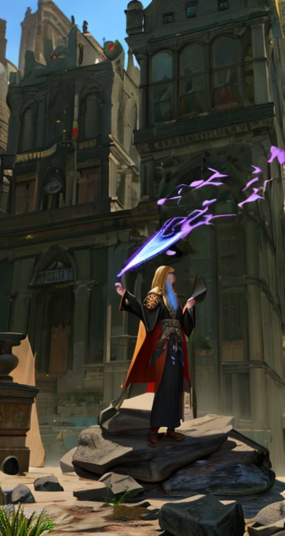 There is a 3D image of a woman in costume on a rock, final fantasy 14 style, spellcasting pose, Wearing a cloak in a blown up plain, female mage!, Wearing a mage's robe, tranding on pxiv, female mage, Ferred - themed robes and hats, Wearing a mage's robe filled with stars, Peacock mage themed clothing